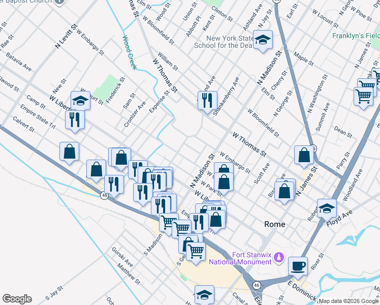 map of restaurants, bars, coffee shops, grocery stores, and more near 305 North Jay Street in Rome