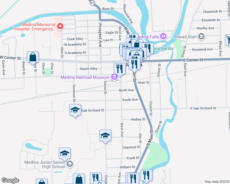 map of restaurants, bars, coffee shops, grocery stores, and more near 214 North Avenue in Medina