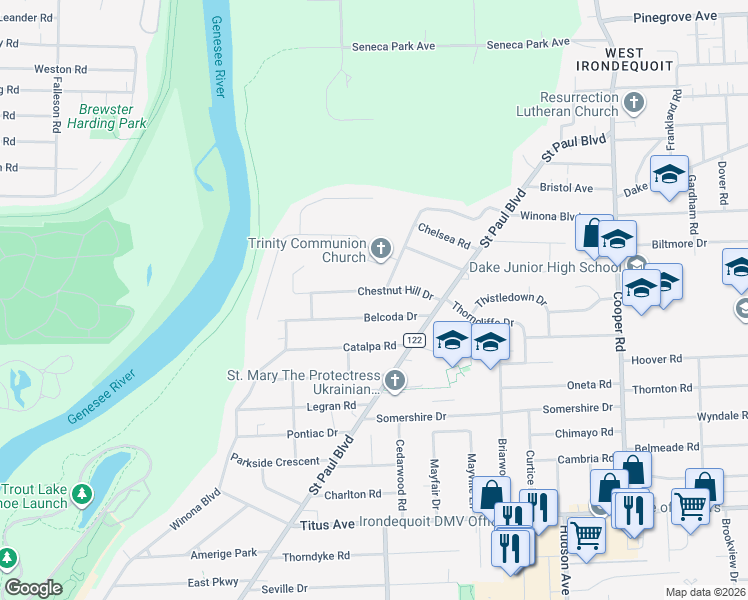 map of restaurants, bars, coffee shops, grocery stores, and more near 202 Chestnut Hill Drive in Irondequoit