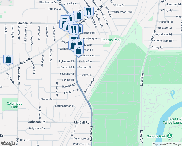 map of restaurants, bars, coffee shops, grocery stores, and more near 45 Barnard Street in Rochester
