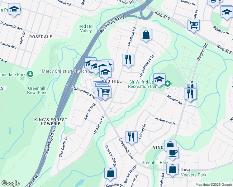 map of restaurants, bars, coffee shops, grocery stores, and more near 193 Mount Albion Road in Hamilton