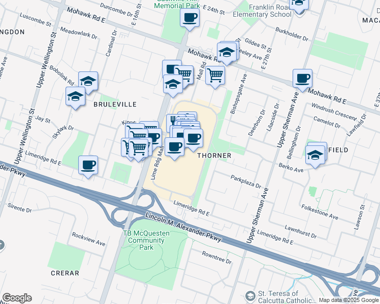 map of restaurants, bars, coffee shops, grocery stores, and more near 999 Upper Wentworth Street in Hamilton