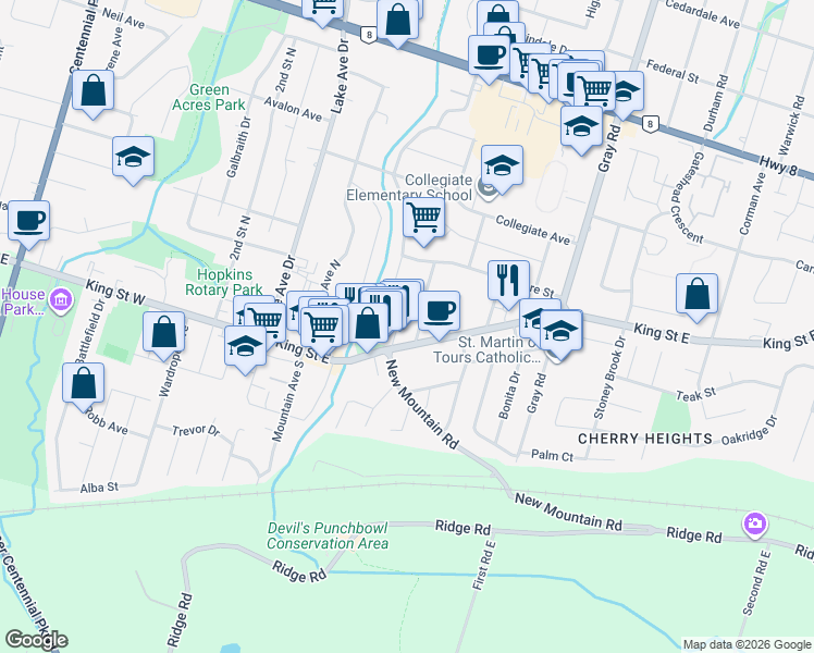 map of restaurants, bars, coffee shops, grocery stores, and more near 3 Applewood Avenue in Hamilton