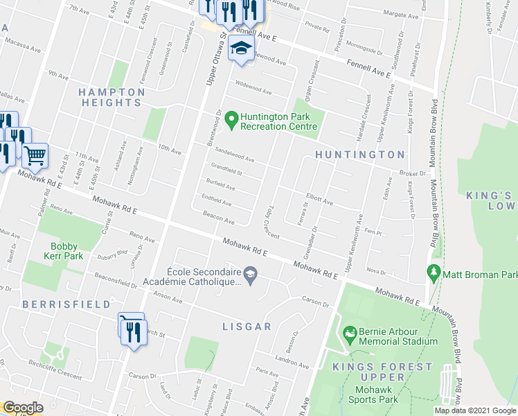 map of restaurants, bars, coffee shops, grocery stores, and more near 139 Kingslea Drive in Hamilton