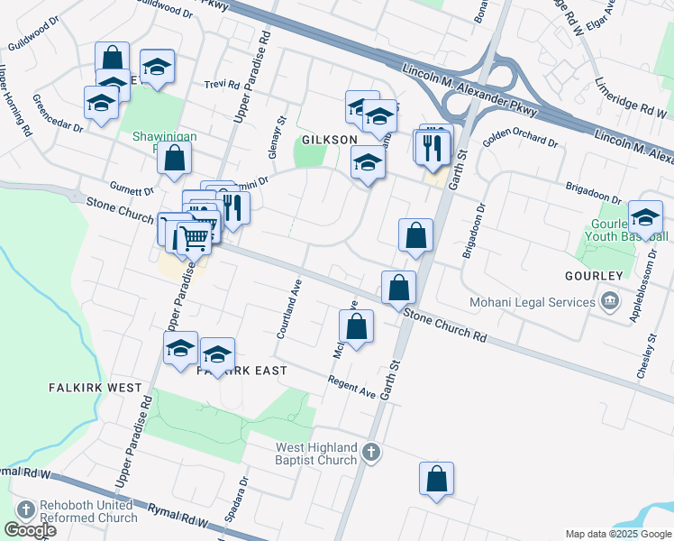 map of restaurants, bars, coffee shops, grocery stores, and more near 500 Stone Church Road West in Hamilton