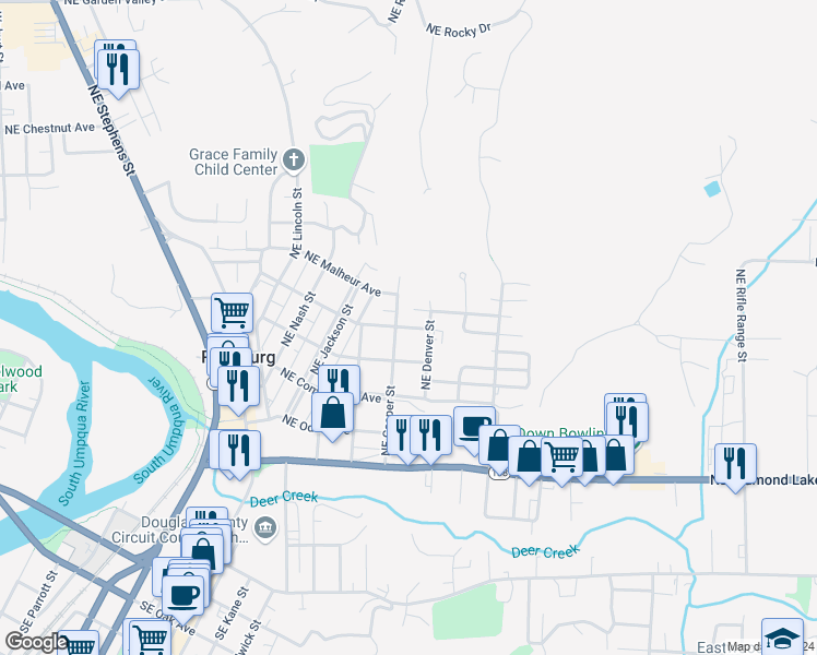 map of restaurants, bars, coffee shops, grocery stores, and more near 1836 Northeast Klamath Avenue in Roseburg