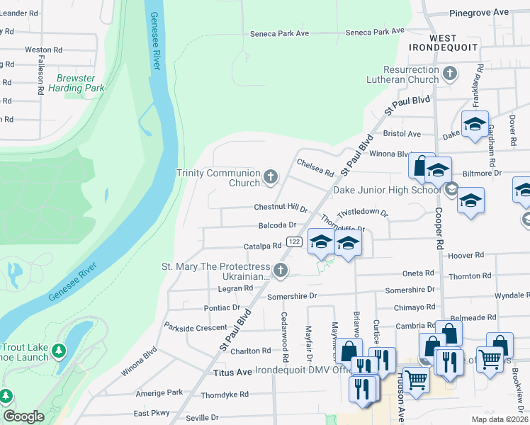 map of restaurants, bars, coffee shops, grocery stores, and more near 202 Chestnut Hill Drive in Irondequoit
