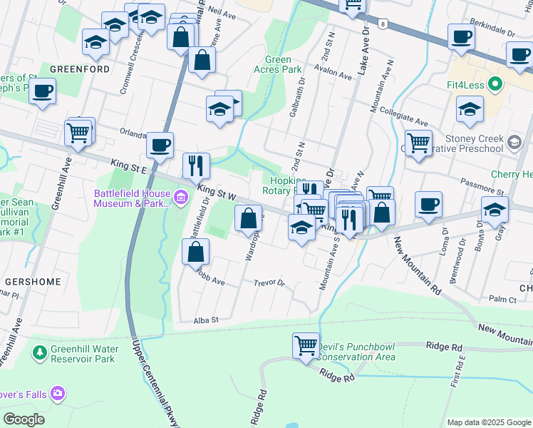map of restaurants, bars, coffee shops, grocery stores, and more near 32 King Street West in Hamilton