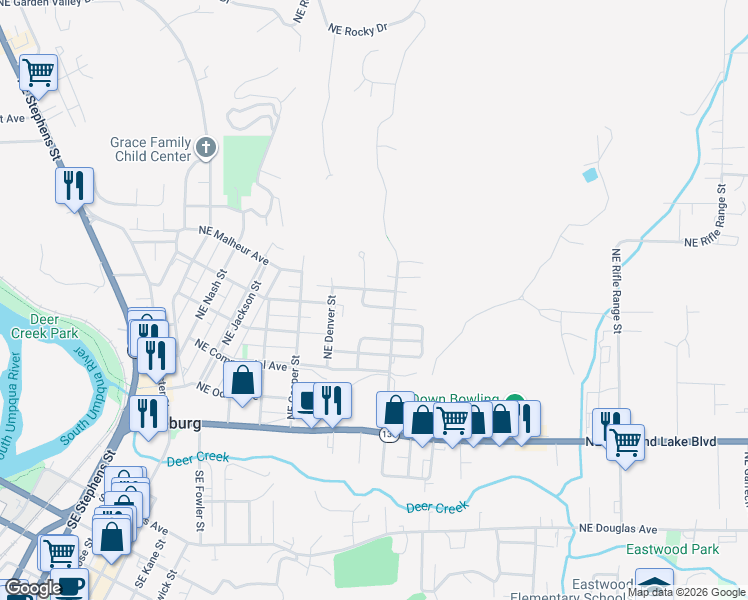 map of restaurants, bars, coffee shops, grocery stores, and more near 1944 Northeast Oswego Avenue in Roseburg