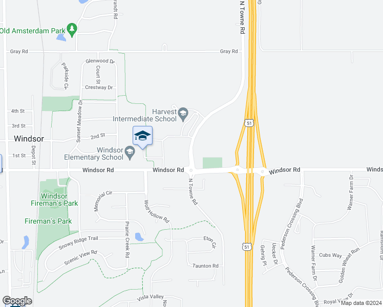 map of restaurants, bars, coffee shops, grocery stores, and more near North Towne Road in Windsor