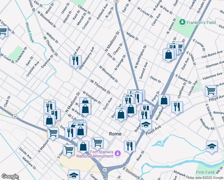 map of restaurants, bars, coffee shops, grocery stores, and more near 215 West Bloomfield Street in Rome