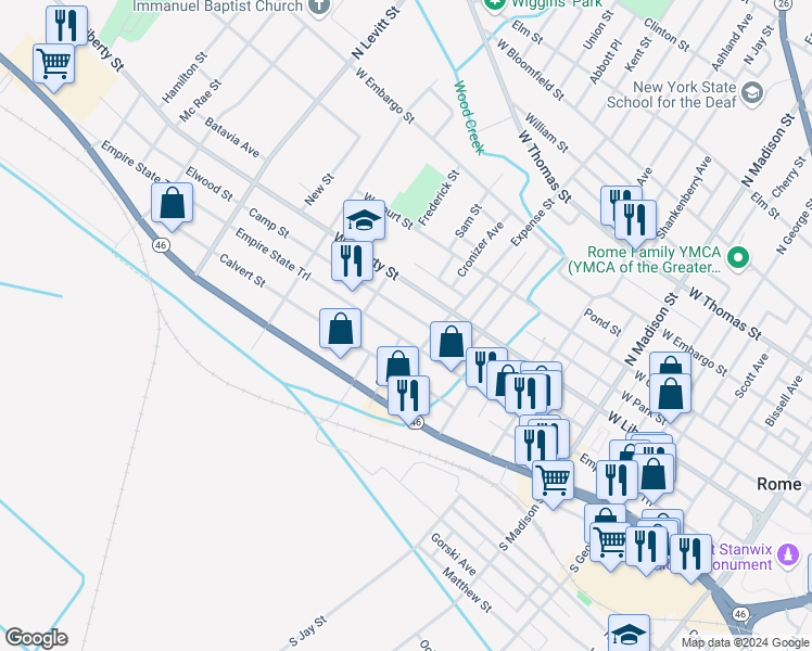 map of restaurants, bars, coffee shops, grocery stores, and more near 723 Camp Street in Rome