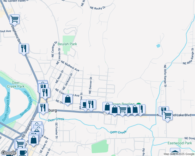 map of restaurants, bars, coffee shops, grocery stores, and more near 712 Northeast Erie Street in Roseburg