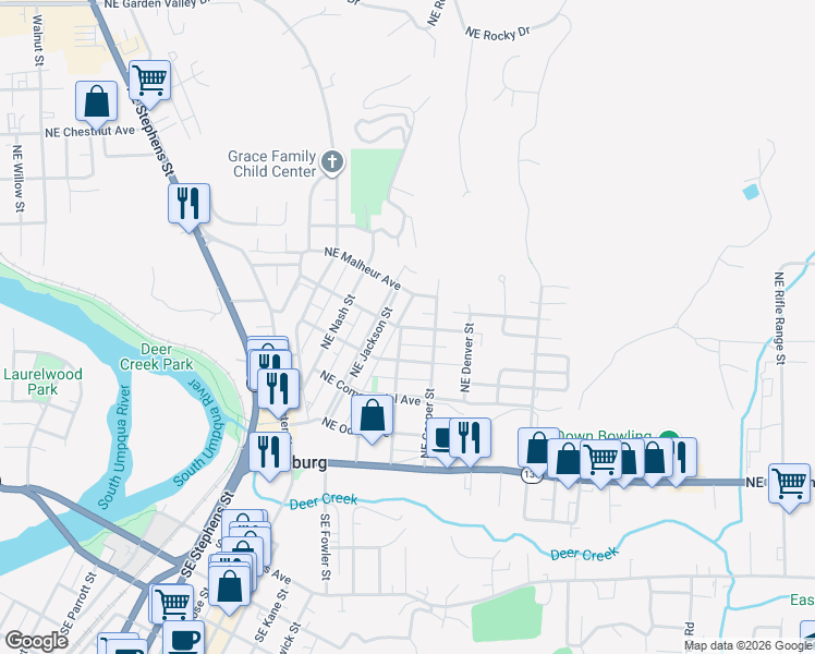 map of restaurants, bars, coffee shops, grocery stores, and more near Northeast Klamath Avenue in Roseburg