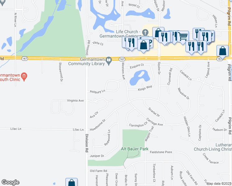 map of restaurants, bars, coffee shops, grocery stores, and more near N110W16867 Ashbury Circle in Germantown