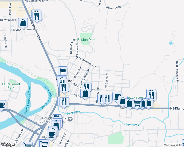 map of restaurants, bars, coffee shops, grocery stores, and more near 659 Northeast Boston Street in Roseburg
