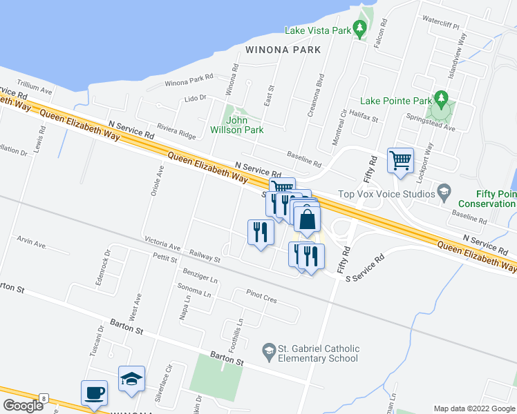 map of restaurants, bars, coffee shops, grocery stores, and more near 1310 South Service Road in Hamilton
