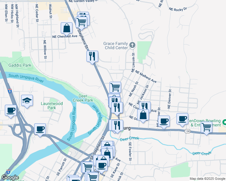 map of restaurants, bars, coffee shops, grocery stores, and more near 570 Northeast Winchester Street in Roseburg