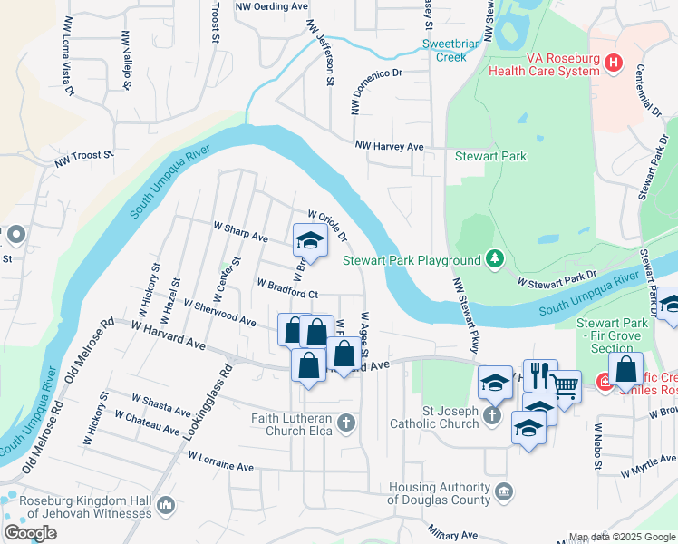map of restaurants, bars, coffee shops, grocery stores, and more near 2560 West Bradford Court in Roseburg