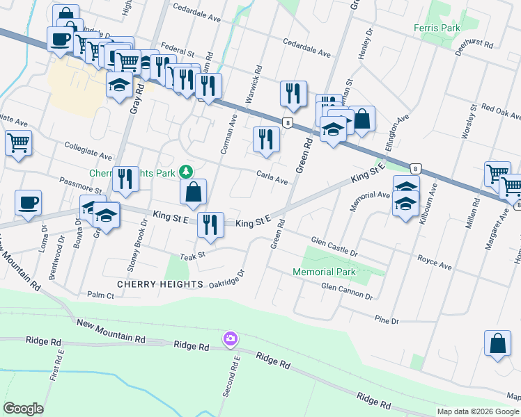 map of restaurants, bars, coffee shops, grocery stores, and more near 267 King Street East in Hamilton