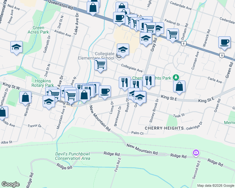 map of restaurants, bars, coffee shops, grocery stores, and more near 11 Dawson Avenue in Hamilton
