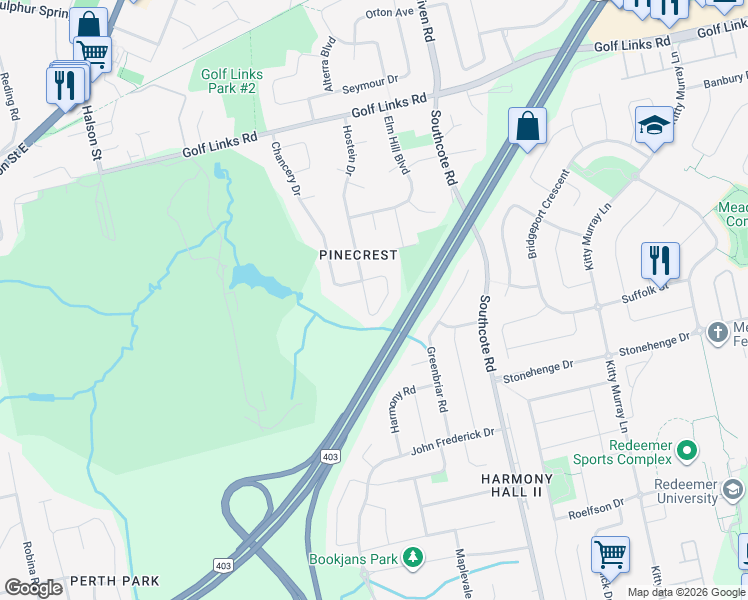 map of restaurants, bars, coffee shops, grocery stores, and more near 460 Roymor Crescent in Hamilton