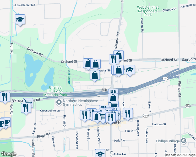 map of restaurants, bars, coffee shops, grocery stores, and more near 50 Commercial Street in Webster