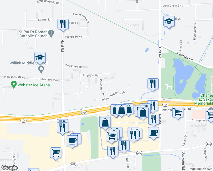 map of restaurants, bars, coffee shops, grocery stores, and more near 1017 Waverton Circle in Webster