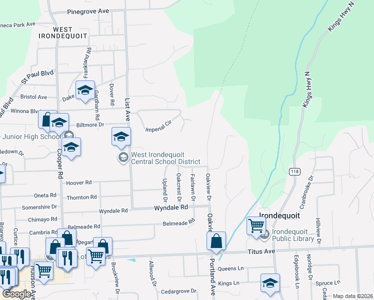 map of restaurants, bars, coffee shops, grocery stores, and more near 209 Upland Drive in Rochester