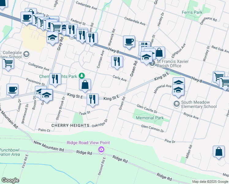 map of restaurants, bars, coffee shops, grocery stores, and more near 267 King Street East in Hamilton