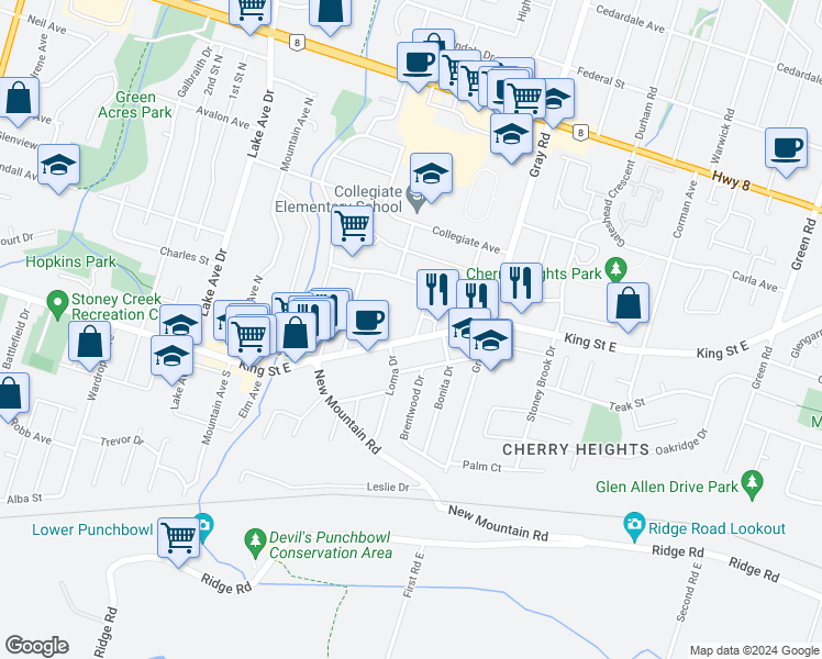 map of restaurants, bars, coffee shops, grocery stores, and more near 11 Dawson Avenue in Hamilton