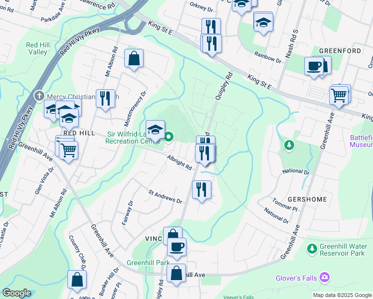 map of restaurants, bars, coffee shops, grocery stores, and more near 36 Rapids Lane in Hamilton