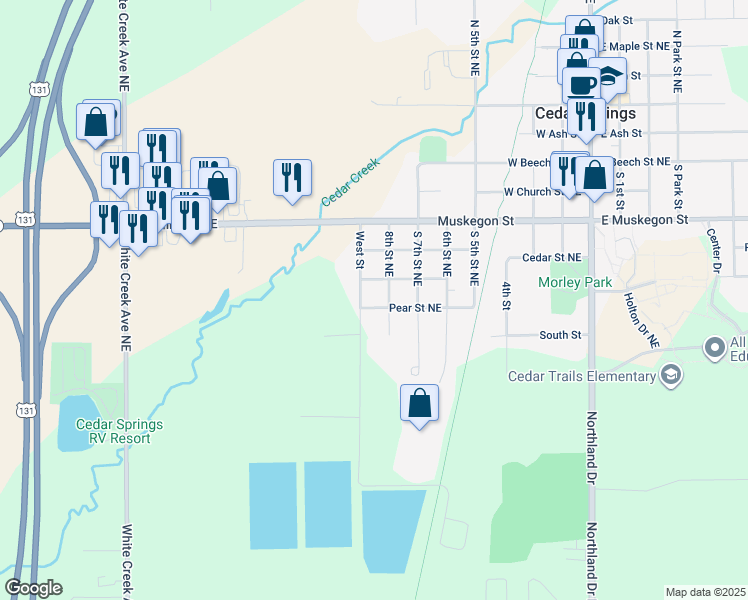 map of restaurants, bars, coffee shops, grocery stores, and more near 310 8th Street Northeast in Cedar Springs