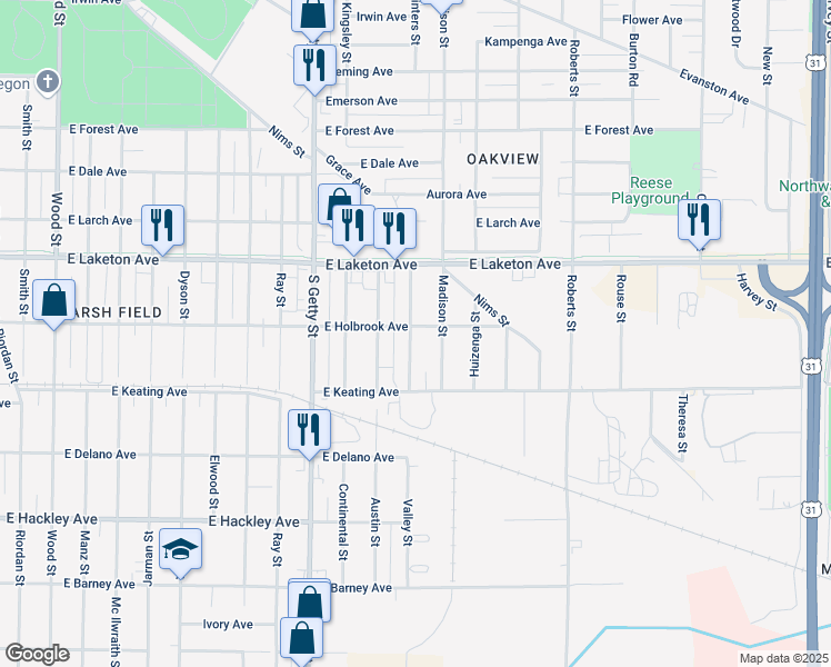 map of restaurants, bars, coffee shops, grocery stores, and more near 978 East Holbrook Avenue in Muskegon