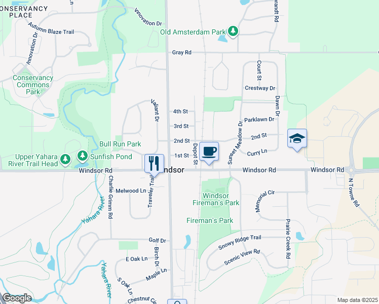 map of restaurants, bars, coffee shops, grocery stores, and more near in Windsor