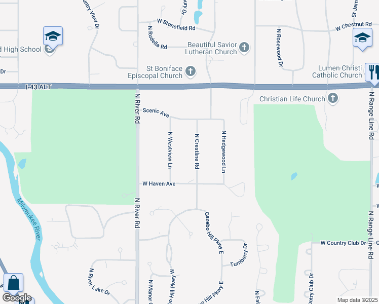 map of restaurants, bars, coffee shops, grocery stores, and more near 11002 North Westview Lane in Mequon