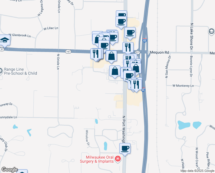 map of restaurants, bars, coffee shops, grocery stores, and more near 10935 North Port Washington Road in Mequon