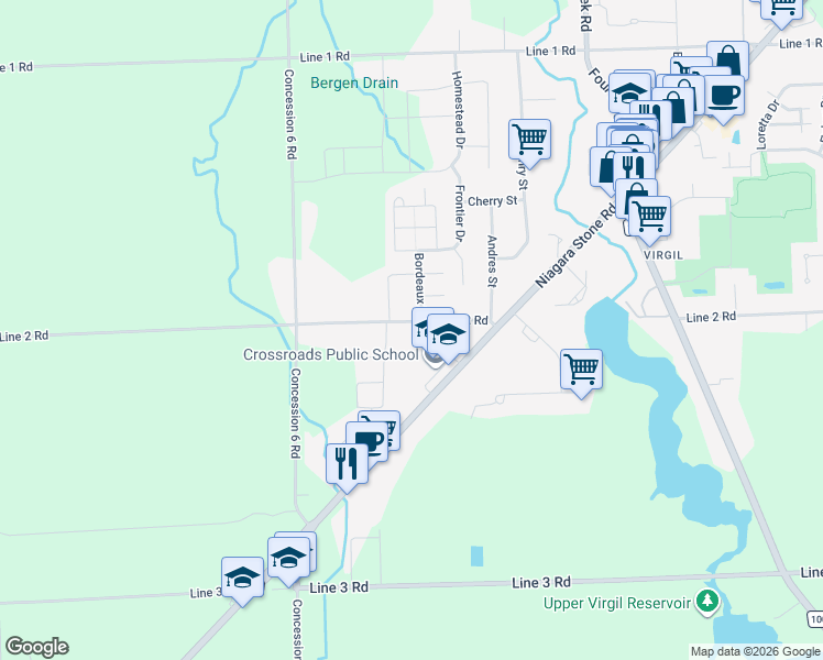map of restaurants, bars, coffee shops, grocery stores, and more near 477 Line 2 Road in Niagara-on-the-Lake