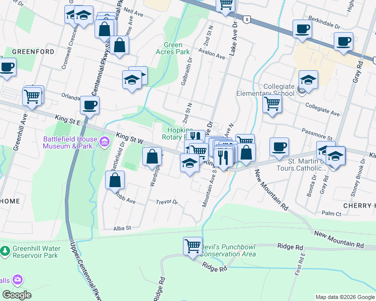 map of restaurants, bars, coffee shops, grocery stores, and more near 10 King Street West in Hamilton