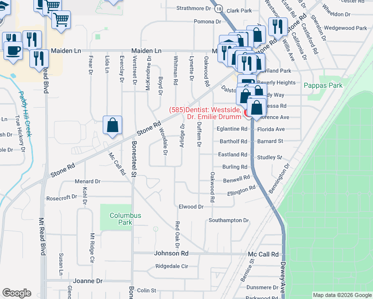 map of restaurants, bars, coffee shops, grocery stores, and more near 96 Arlidge Drive in Rochester