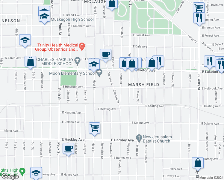 map of restaurants, bars, coffee shops, grocery stores, and more near 1915 Terrace Street in Muskegon