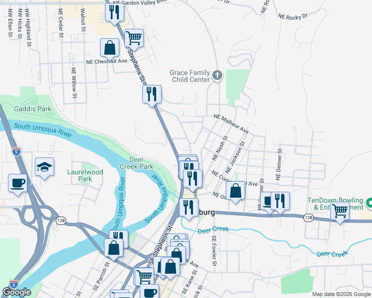 map of restaurants, bars, coffee shops, grocery stores, and more near 587 Northeast Winchester Street in Roseburg