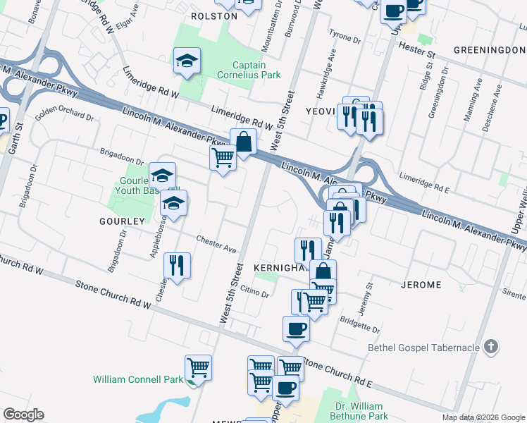 map of restaurants, bars, coffee shops, grocery stores, and more near 847 West 5th Street in Hamilton