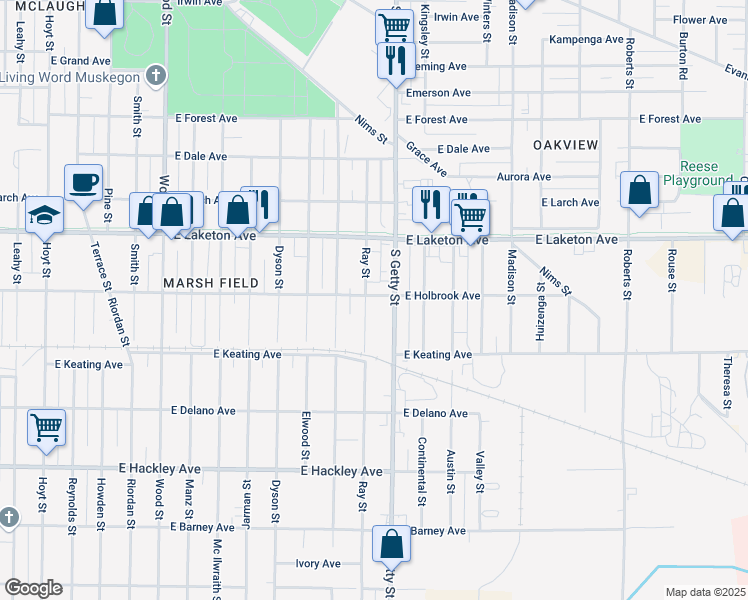 map of restaurants, bars, coffee shops, grocery stores, and more near 1875 Ray Street in Muskegon