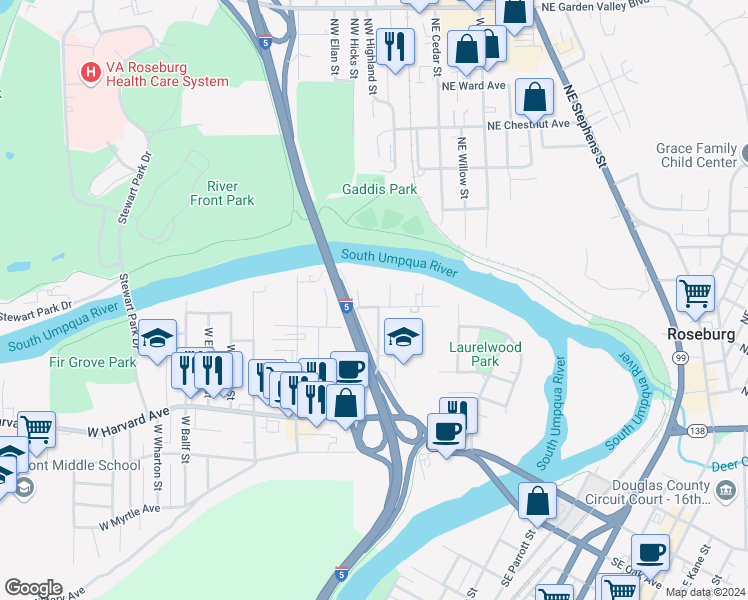 map of restaurants, bars, coffee shops, grocery stores, and more near 716 West Finlay Avenue in Roseburg