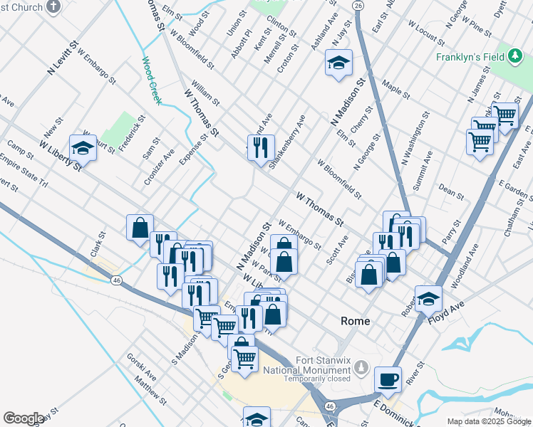 map of restaurants, bars, coffee shops, grocery stores, and more near 405 West Embargo Street in Rome
