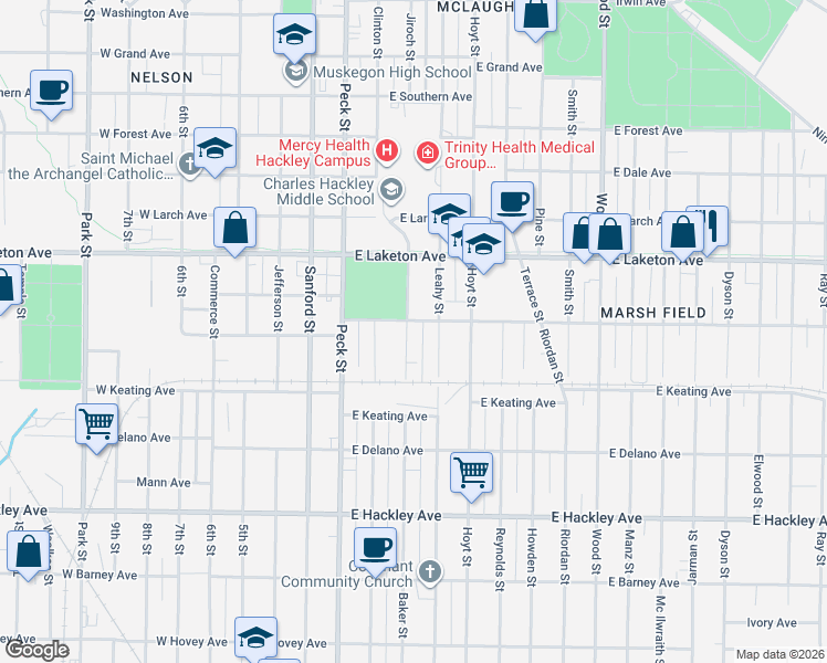 map of restaurants, bars, coffee shops, grocery stores, and more near 1916 Jiroch Street in Muskegon