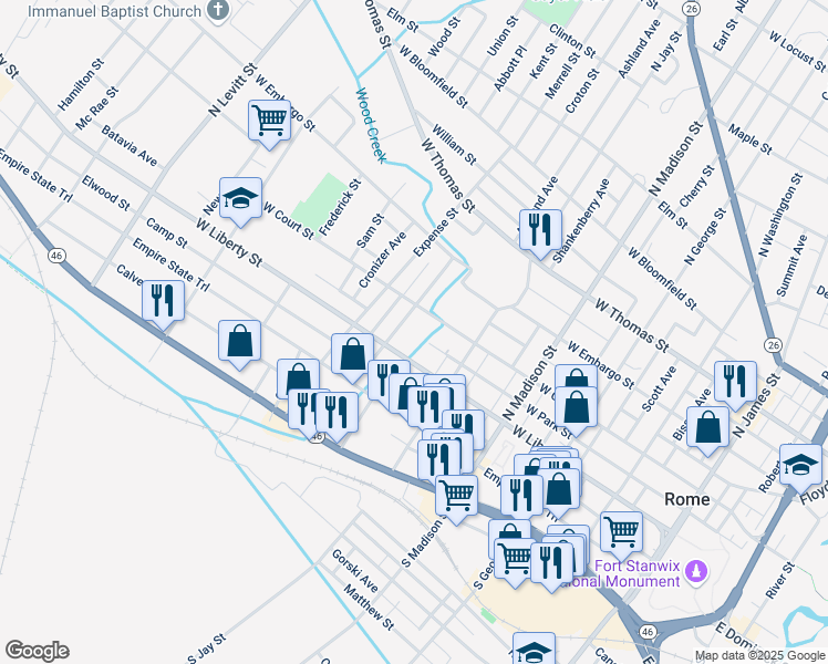 map of restaurants, bars, coffee shops, grocery stores, and more near 221 Kossuth Street in Rome