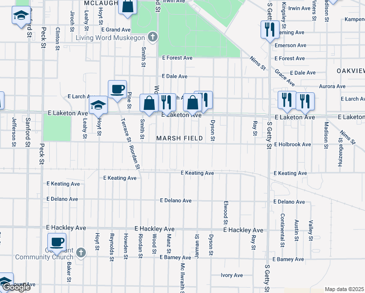 map of restaurants, bars, coffee shops, grocery stores, and more near 1885 Mc Ilwraith Street in Muskegon