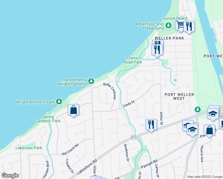map of restaurants, bars, coffee shops, grocery stores, and more near 25 Butler Crescent in Saint Catharines